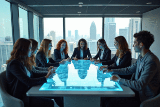 Groupe de jeunes adultes collaborant autour d'une table holographique dans un bureau futuriste