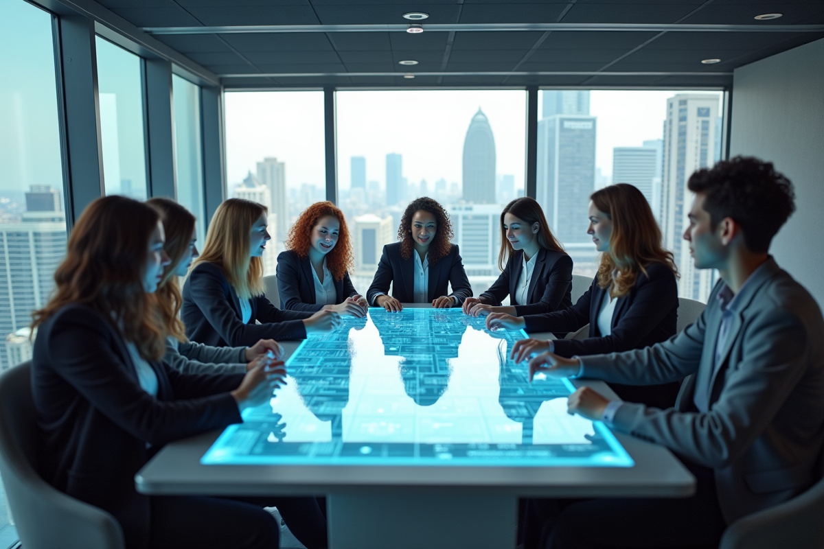 Groupe de jeunes adultes collaborant autour d'une table holographique dans un bureau futuriste