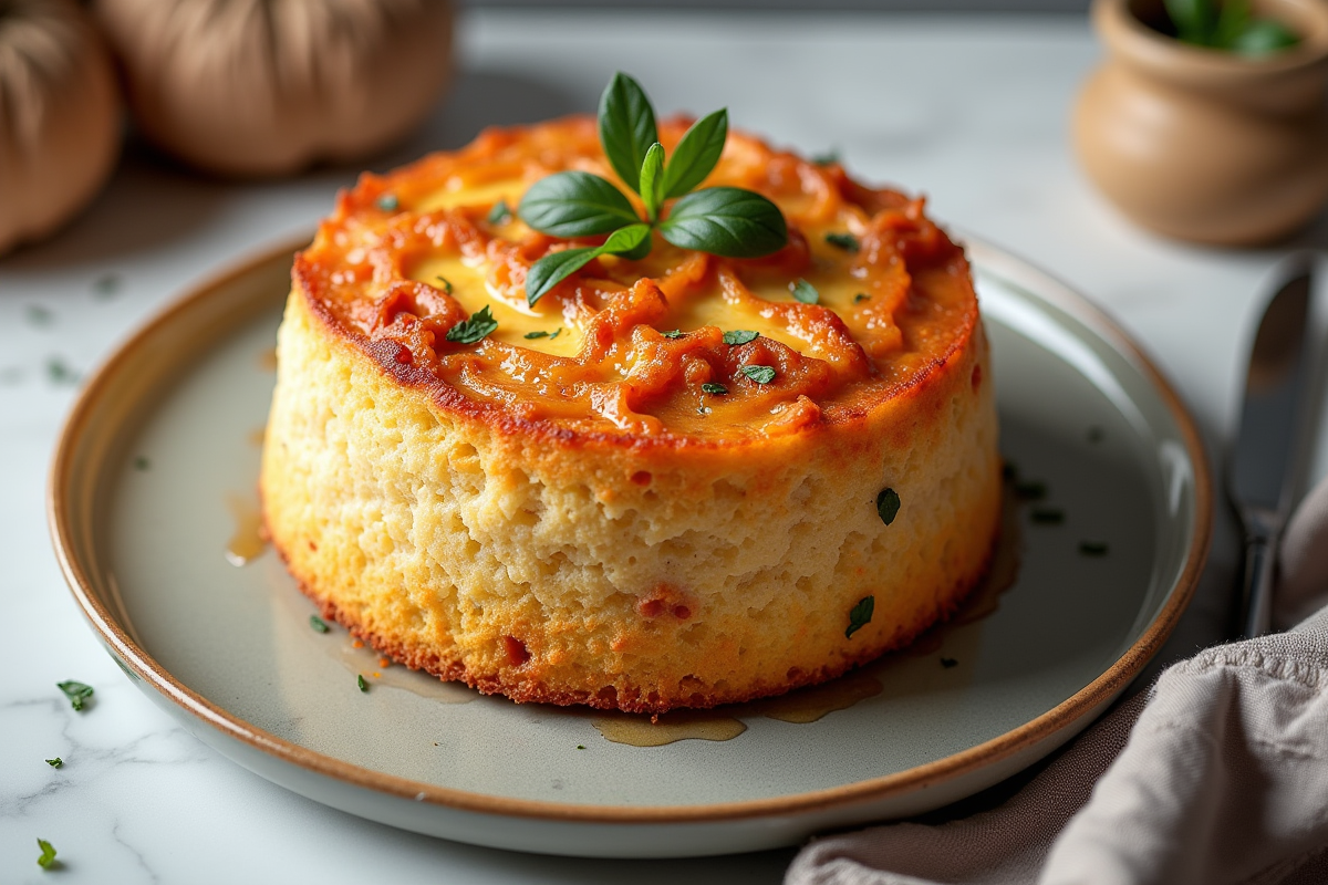 Gâteau entier au chorizo et feta sur assiette moderne en cuisine