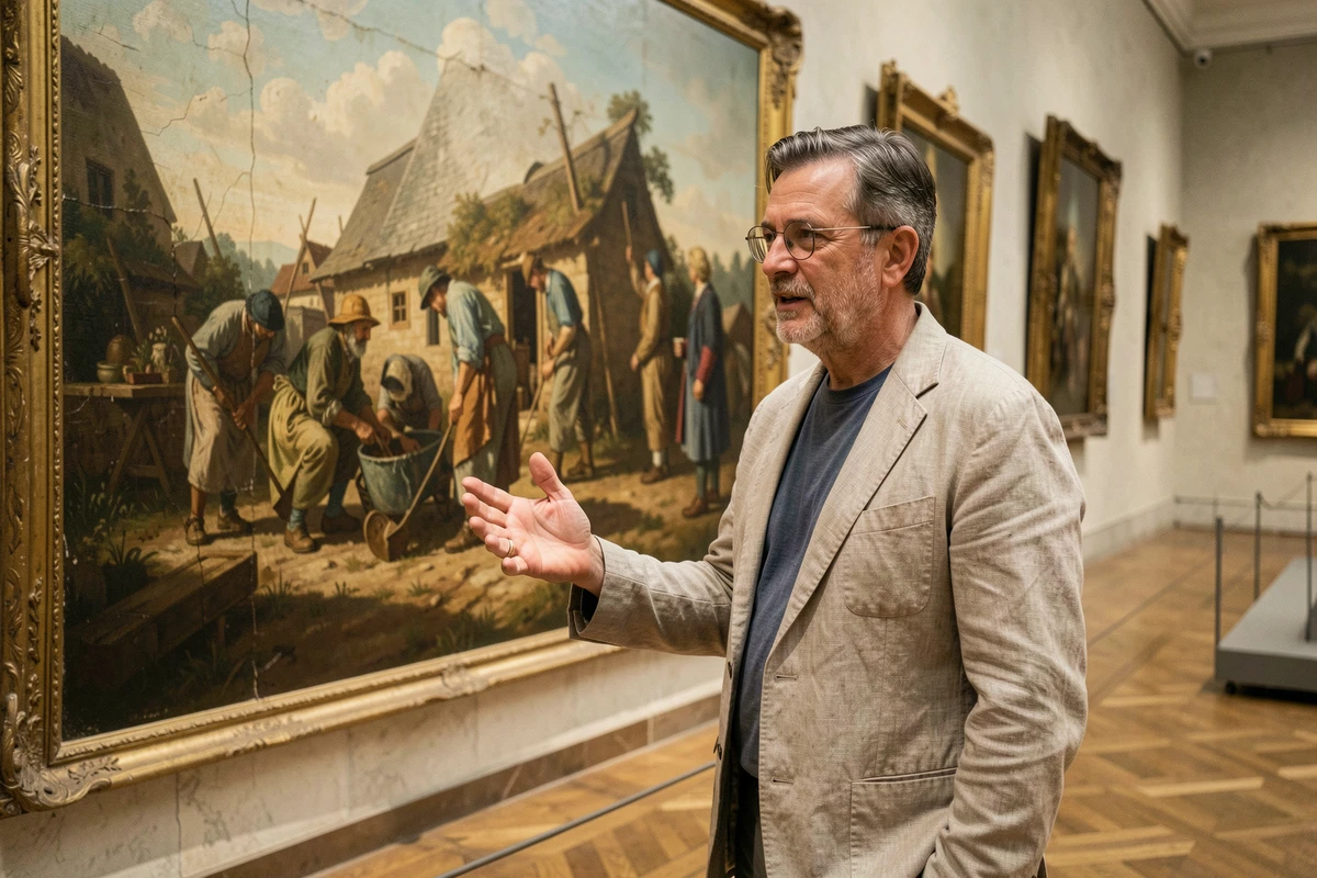 Historien de l'art expliquant une peinture réaliste du XIXe siècle dans une galerie de musée classique