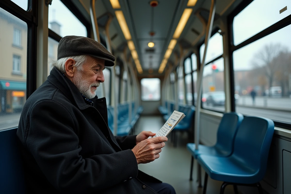 Homme âgé dans un tram de Grenoble avec un guide
