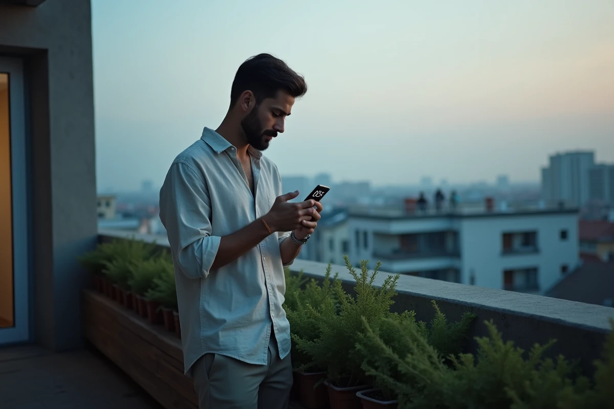 Homme sur un balcon urbain observant 05h55 sur son téléphone à l'aube, atmosphère méditative et symbolique