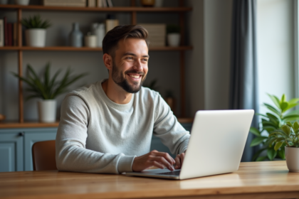Homme détendu travaillant sur son ordinateur avec portefeuille Bitcoin