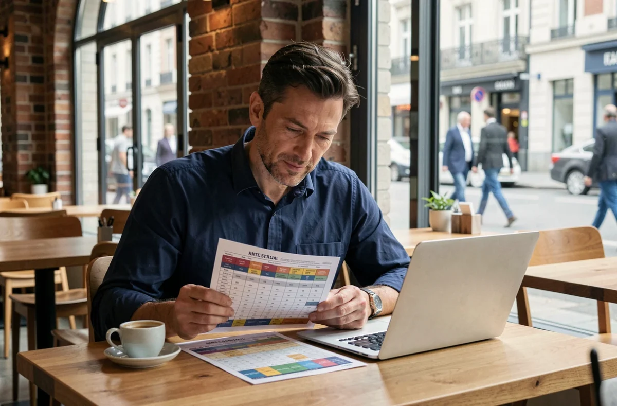 Homme en café urbain consultant un tableau des fuseaux horaires GMT+2 avec un ordinateur portable