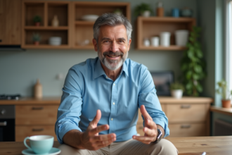 Homme d'âge moyen en chemise bleue dans une cuisine moderne