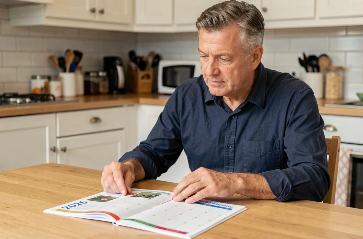 Homme consultant un calendrier scolaire 2026 imprimé assis à une table de cuisine familiale moderne