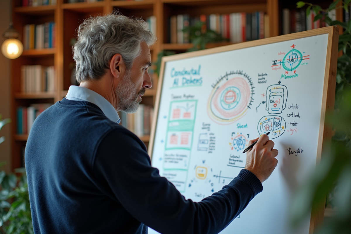 Homme esquissant structures AI sur tableau blanc dans un bureau chaleureux