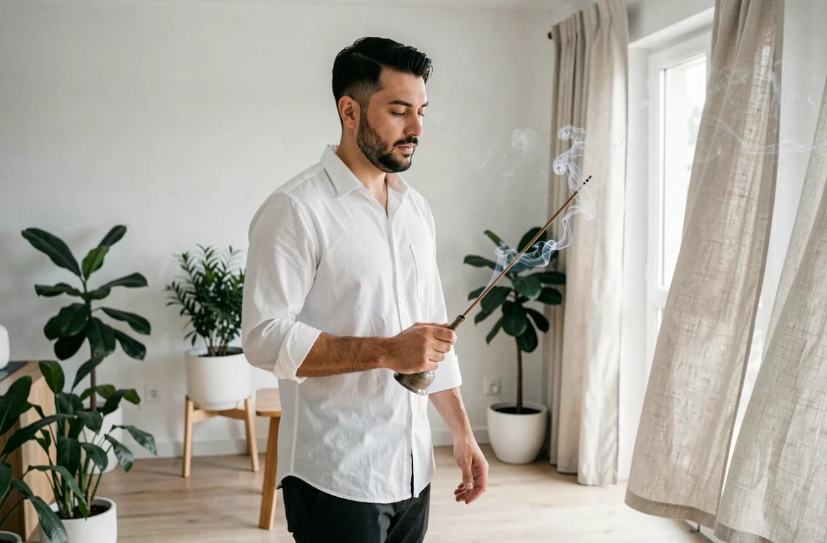 Homme marchant dans un appartement moderne en tenant un encensoir traditionnel pour purifier l'intérieur avec du louban