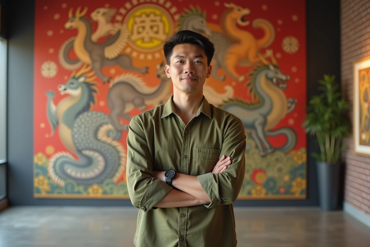 Homme devant une fresque murale représentant les douze animaux du zodiaque chinois, évoquant le signe astrologique chinois de l'année 1993