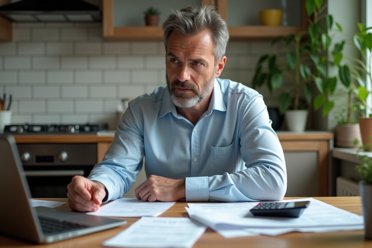 Homme vérifiant ses dépenses dans une cuisine chaleureuse