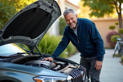 Homme inspectant le moteur d'une voiture neuve en extérieur