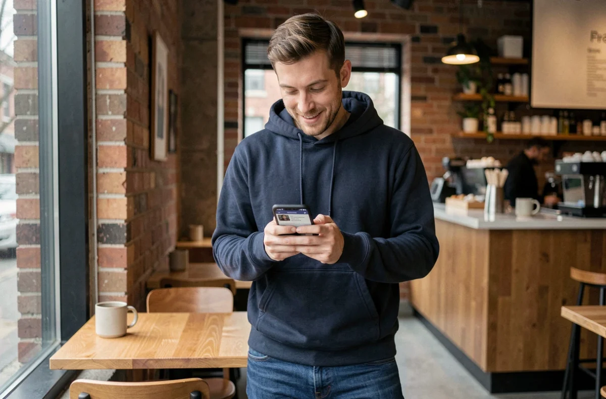 Homme consultant ses likes gratuits sur Fruitz dans un café urbain moderne