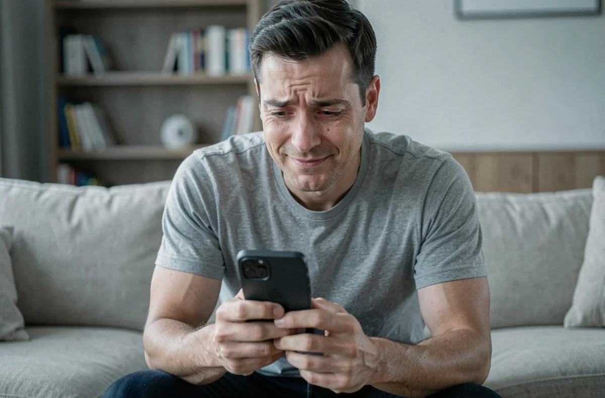 Homme ému lisant un message d'amitié sincère sur son smartphone dans son salon, les yeux légèrement brillants et un sourire touchant sur le visage