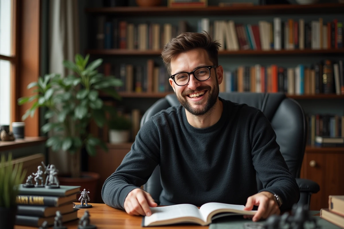 Homme souriant lisant un roman Warhammer 40K à la maison