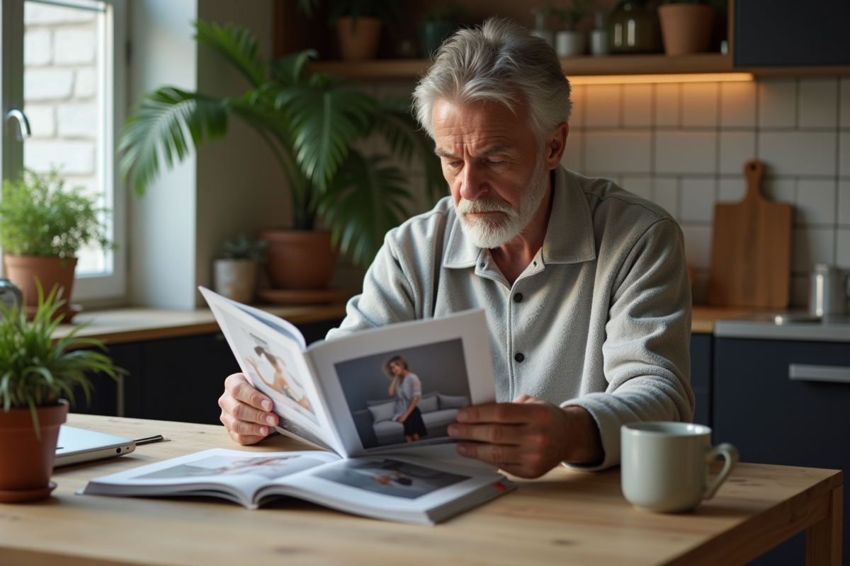 Homme lisant un magazine dans sa cuisine chaleureuse