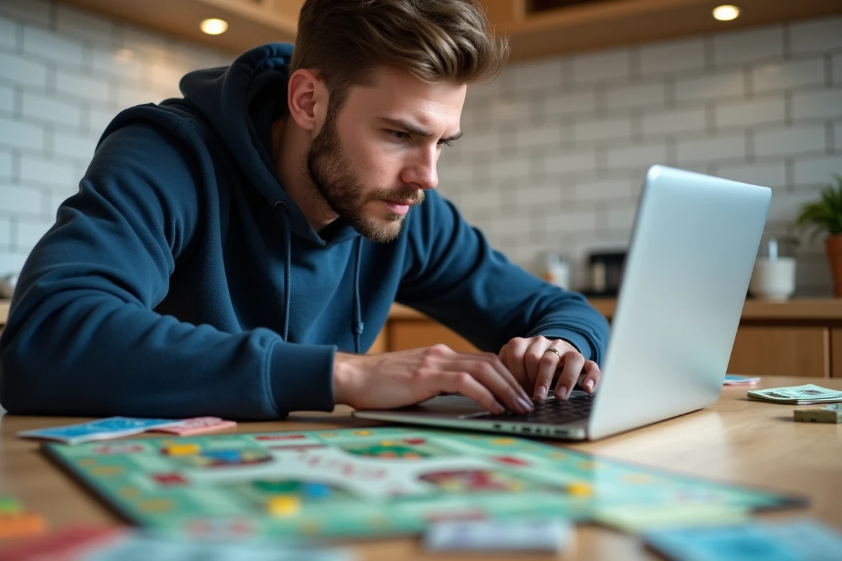 Homme recherchant un code récompense actif pour Monopoly GO avec plateau de jeu et ordinateur portable sur table de cuisine