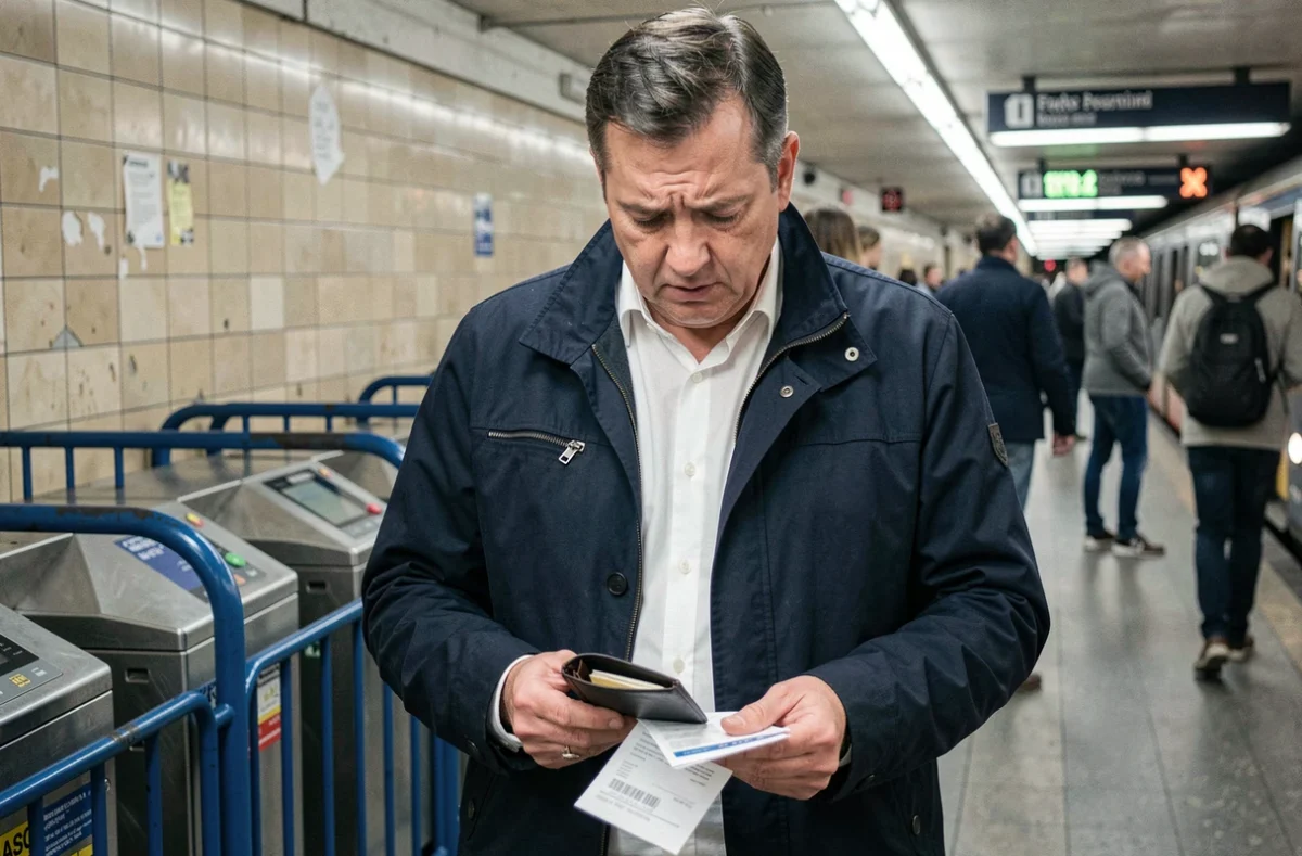 Homme cherchant dans son portefeuille la référence de paiement d'une amende RATP dans le métro parisien
