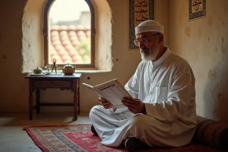Homme musulman consultant un tableau des heures de prières islamiques à Narbonne selon son école juridique