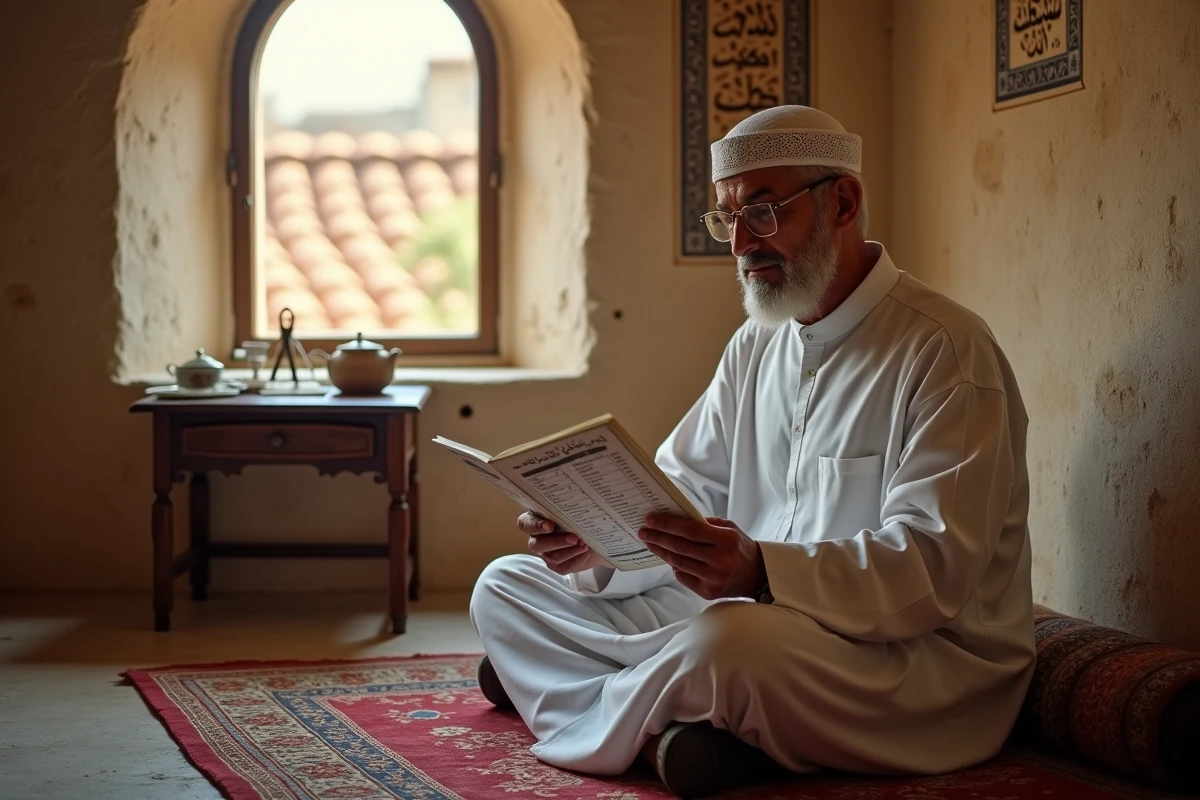 Homme musulman consultant un tableau des heures de prières islamiques à Narbonne selon son école juridique
