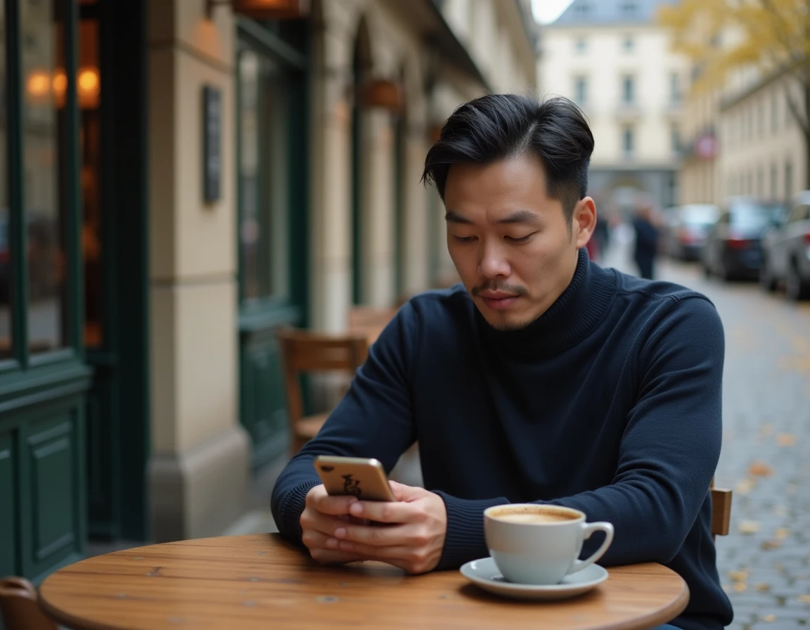 Homme asiatique contemplant un proverbe chinois sur son téléphone à une terrasse de café parisienne en automne