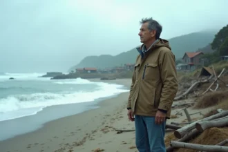 Homme en veste usée regarde la mer orageuse