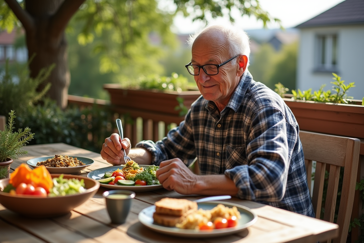 Homme âgé dégustant un repas équilibré sur un balcon ensoleillé