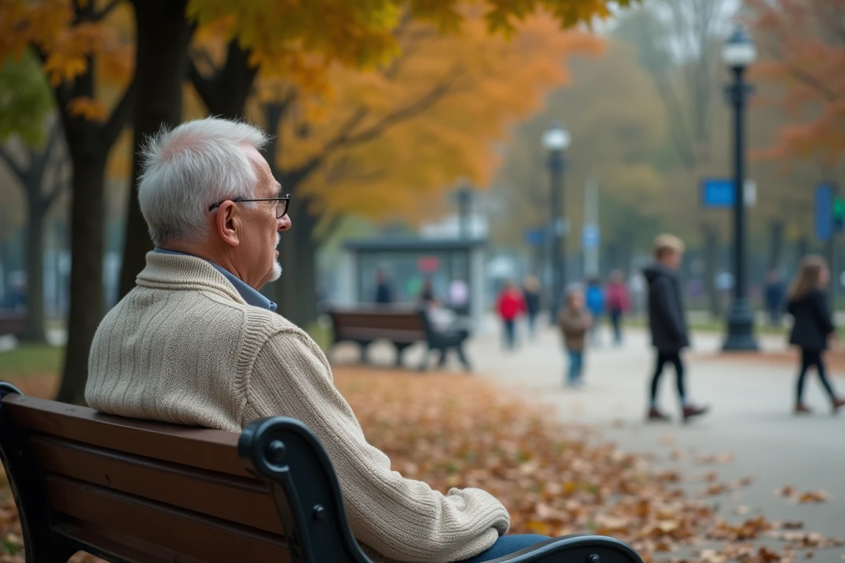 Homme retraité assis sur un banc dans un parc en automne