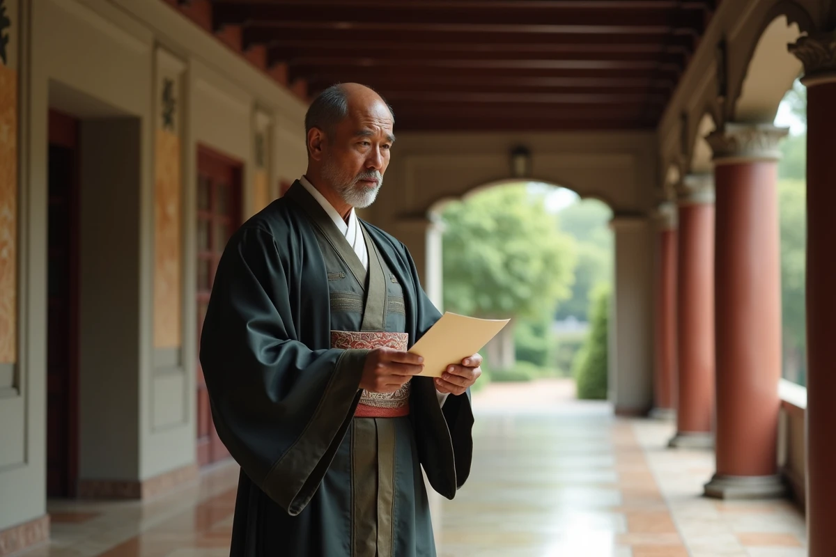 Sage en robes traditionnelles dans un couloir de palais