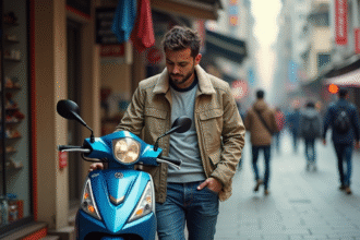 Homme inspectant un scooter Honda Dax en ville