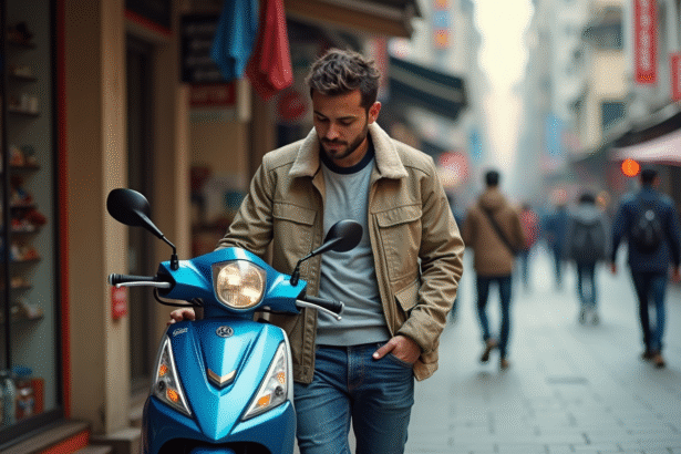 Homme inspectant un scooter Honda Dax en ville