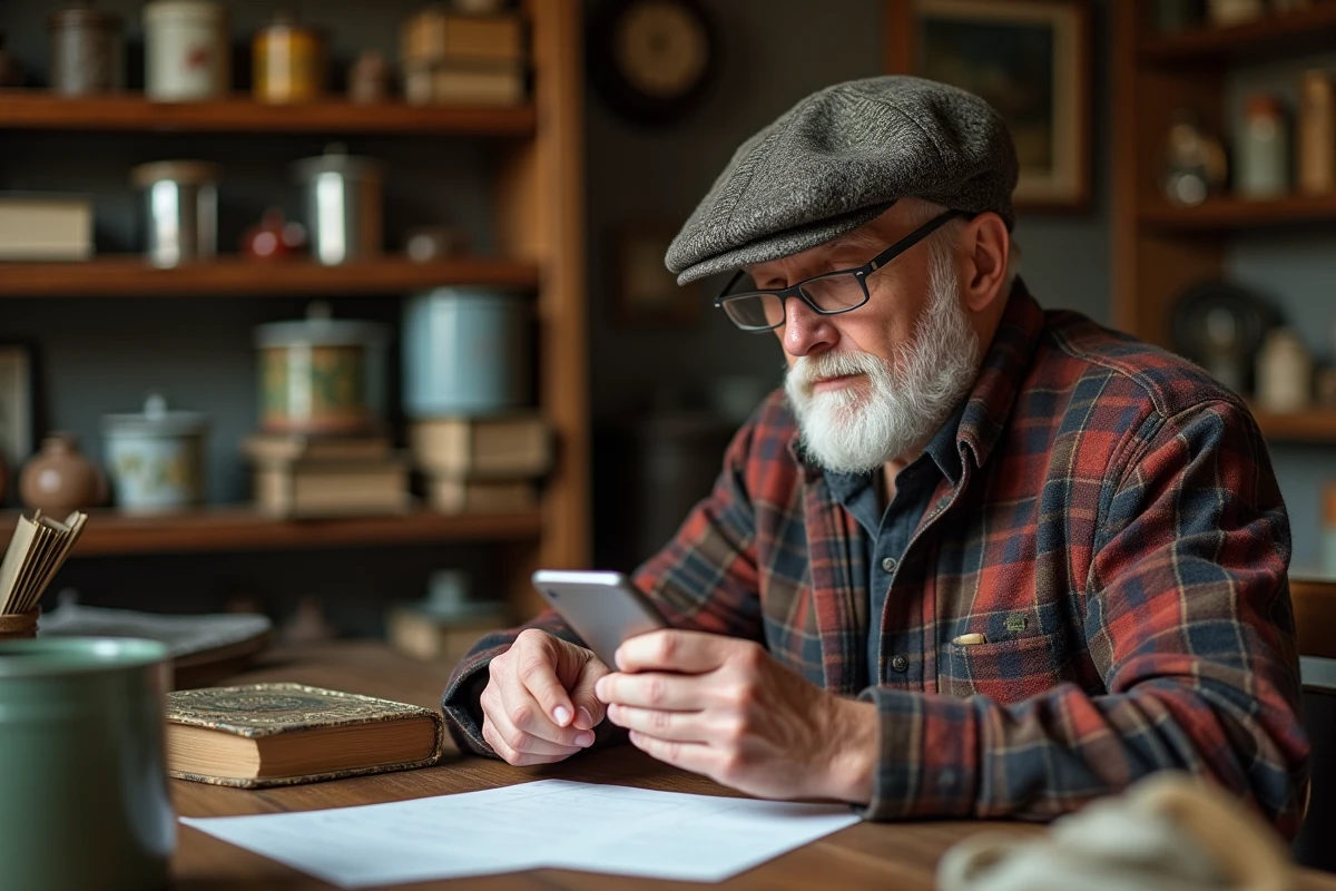 Homme âgé vérifiant son smartphone dans une ambiance vintage