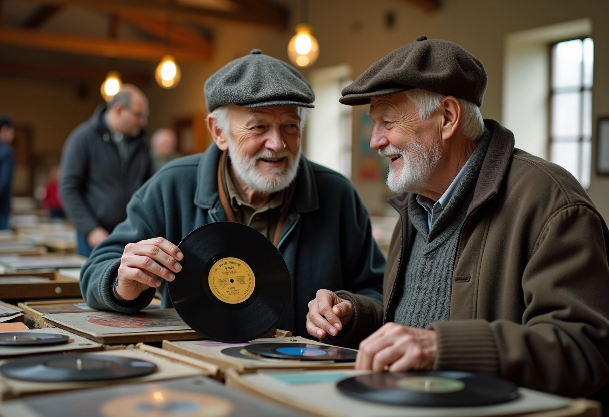 Deux hommes âgés discutant autour de vinyles dans une brocante