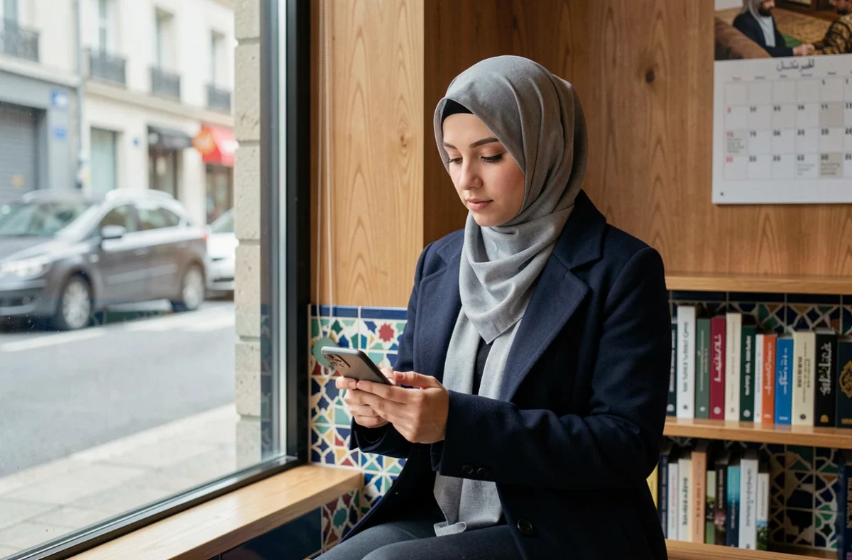 Jeune femme voilée consultant les horaires de prière sur son smartphone dans un centre culturel islamique à Vénissieux