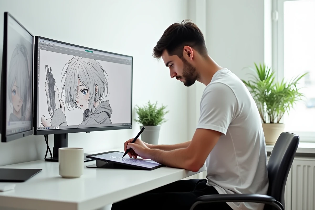 Illustrateur dessinant un personnage inspiré de One Piece sur une tablette graphique dans son studio