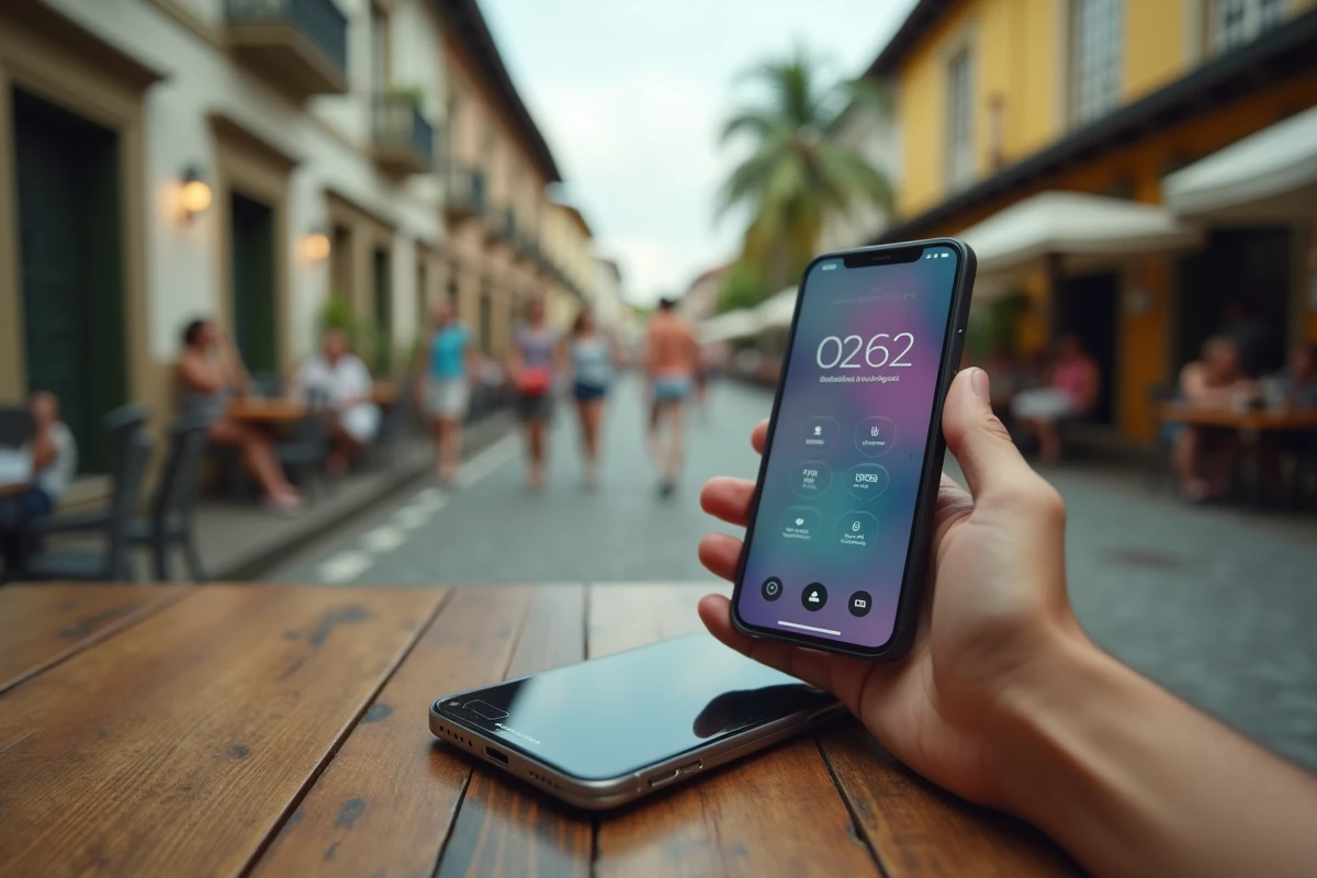 Gros plan d'un smartphone affichant un numéro avec l'indicatif 0262 de La Réunion posé sur une table en bois d'un café en plein air à Saint-Denis