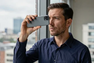 Homme consultant l'indicatif téléphonique +44 du Royaume-Uni sur son smartphone