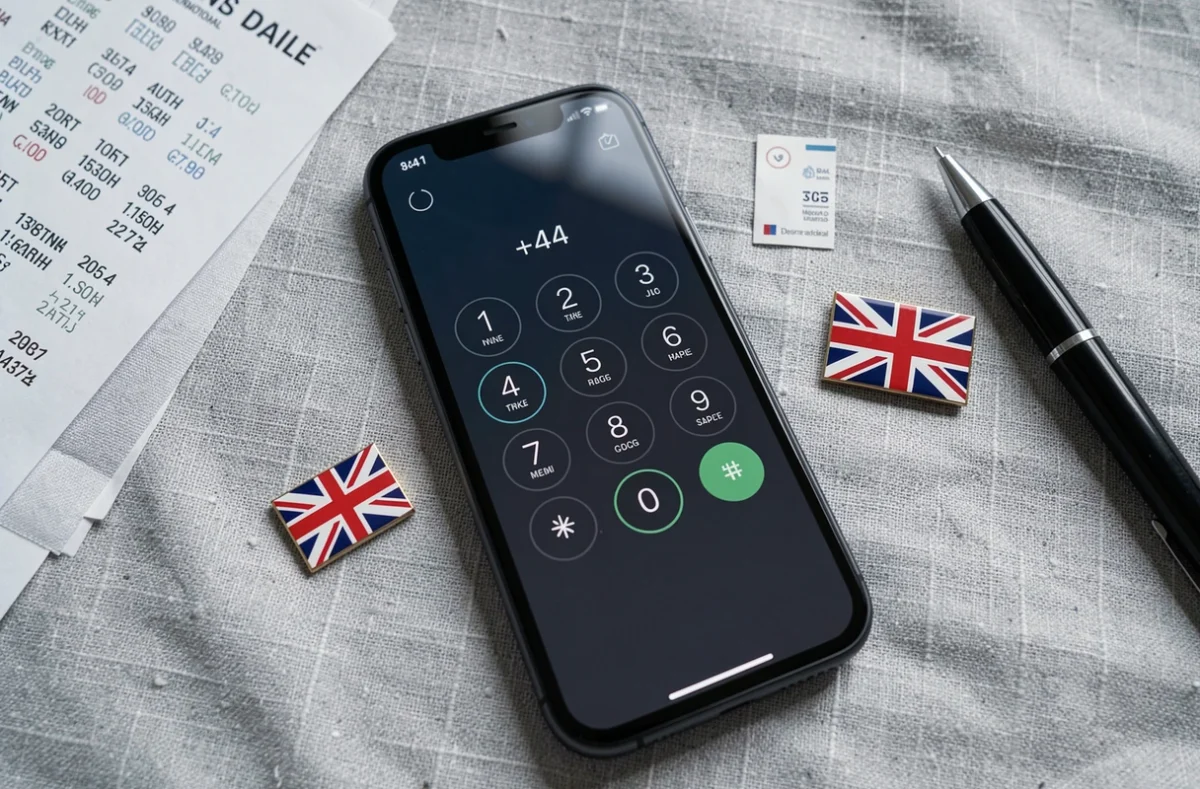 Vue de dessus d'un smartphone affichant l'indicatif téléphonique +44 du Royaume-Uni avec des codes internationaux imprimés