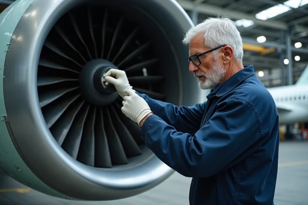 Technicien aéronautique inspectant les aubes de turbine d'un moteur d'avion commercial dans un hangar de maintenance