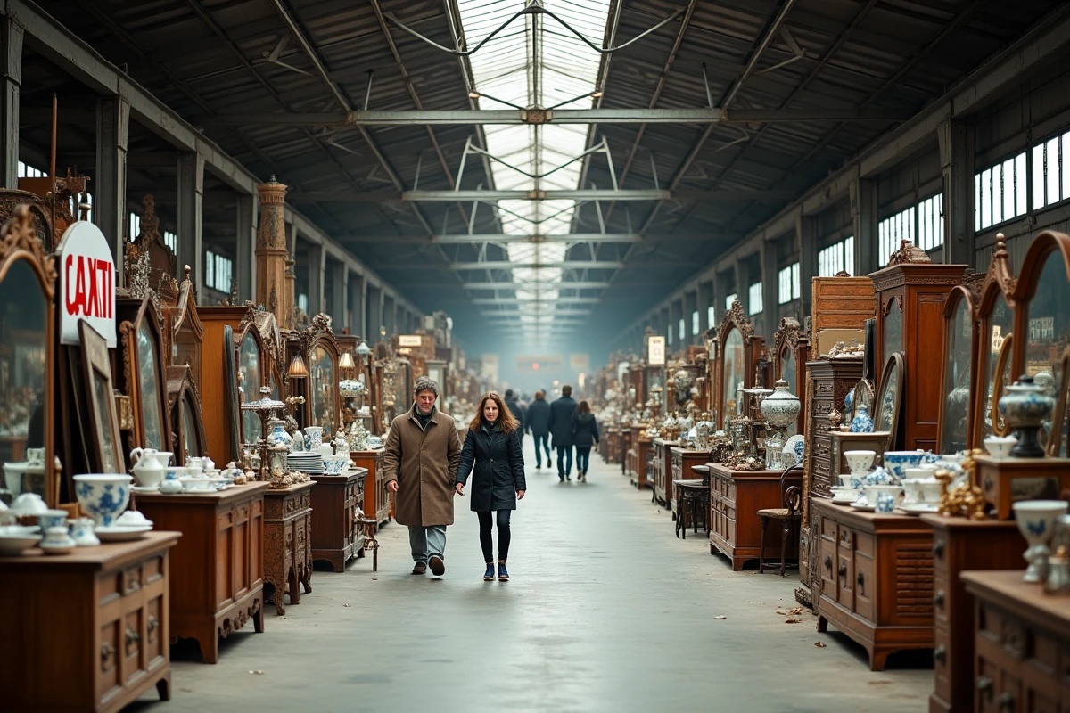 Vue panoramique intérieure d'une grande brocante couverte en Moselle avec allées de vendeurs et objets vintage