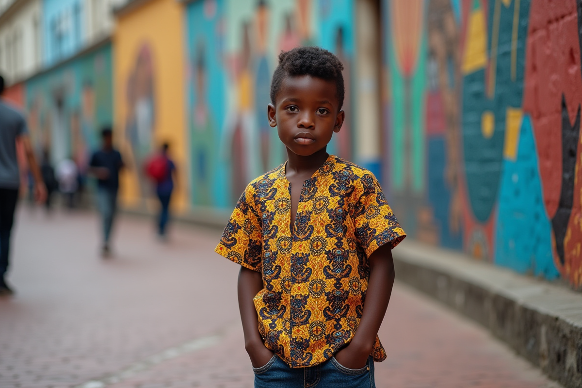 Jeune garçon africain devant un mural coloré