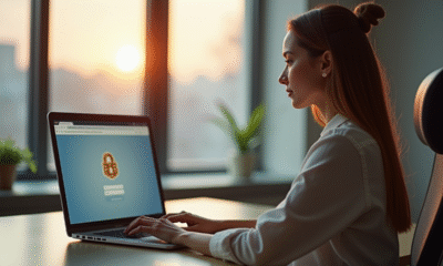 Jeune femme au bureau utilisant un laptop sécurisé pour se connecter