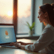 Jeune femme au bureau utilisant un laptop sécurisé pour se connecter