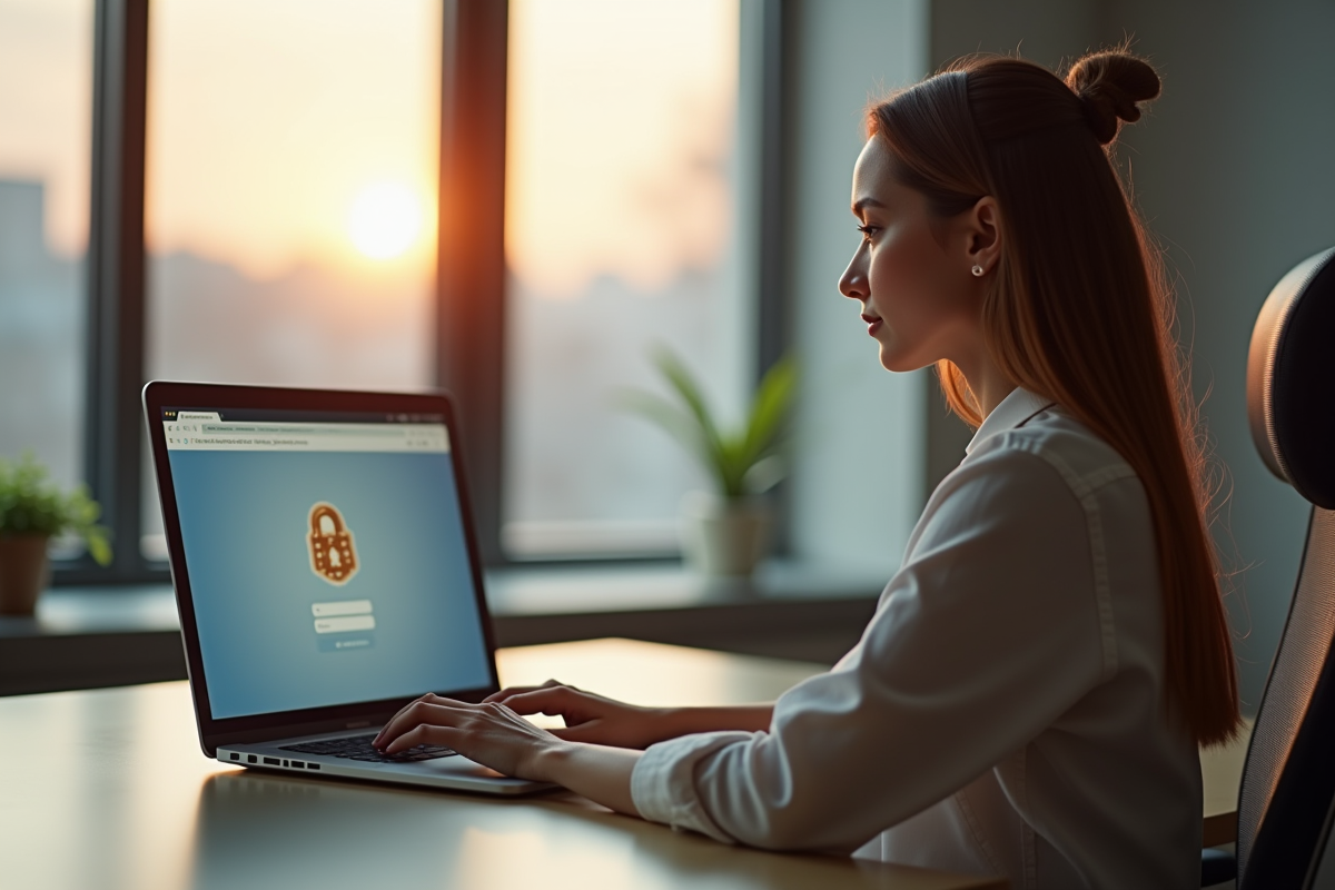 Jeune femme au bureau utilisant un laptop sécurisé pour se connecter