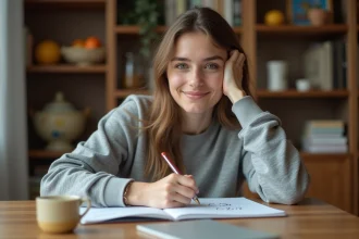 Jeune femme esquissant la formule du cercle à la maison