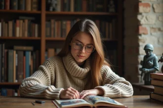 Jeune femme lisant un roman Warhammer dans un intérieur chaleureux