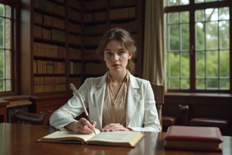 Jeune femme en robe pastel et manteau medical du 19e siecle