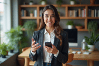 Jeune femme souriante dans un bureau moderne pour l'article