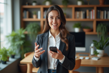 Jeune femme souriante dans un bureau moderne pour l'article