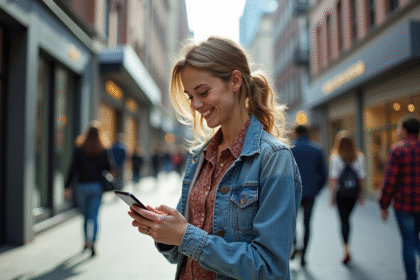 Jeune femme souriante avec mode urbaine et smartphone