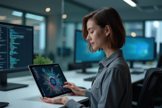 Jeune femme professionnelle utilisant une tablette avec réseau neural